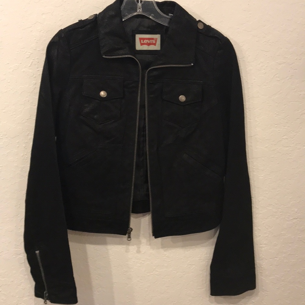 LEVIS black fitted cropped 100% leather coat XS